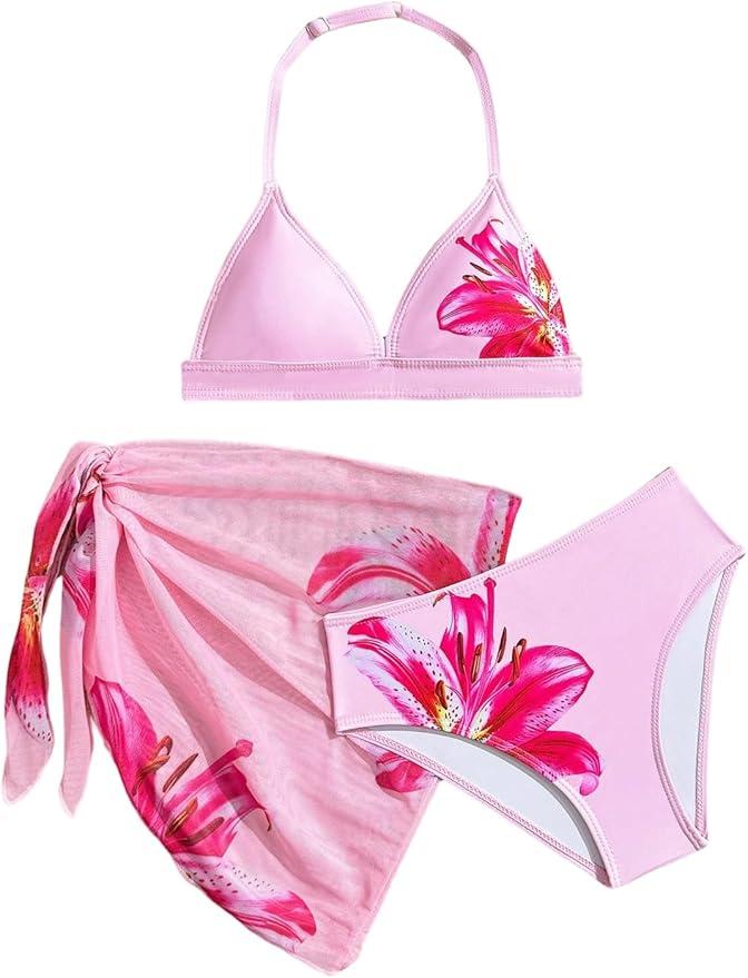 Amazon.com: Verdusa Girl's 3 Piece Bikini Sets Boho Floral Backless Halter Top with Cover Up Skirt Swimsuit Pink 8 Years : Clothing, Shoes & Jewelry, 12Y