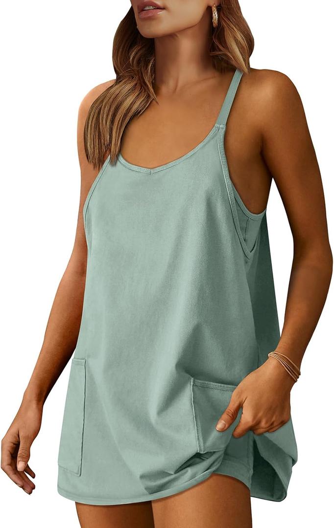 ANRABESS Women Athletic Dress Summer Tennis Workout Active Sports Mini Romper Dress Built in Shorts Travel Vacation Clothes (Green, L)