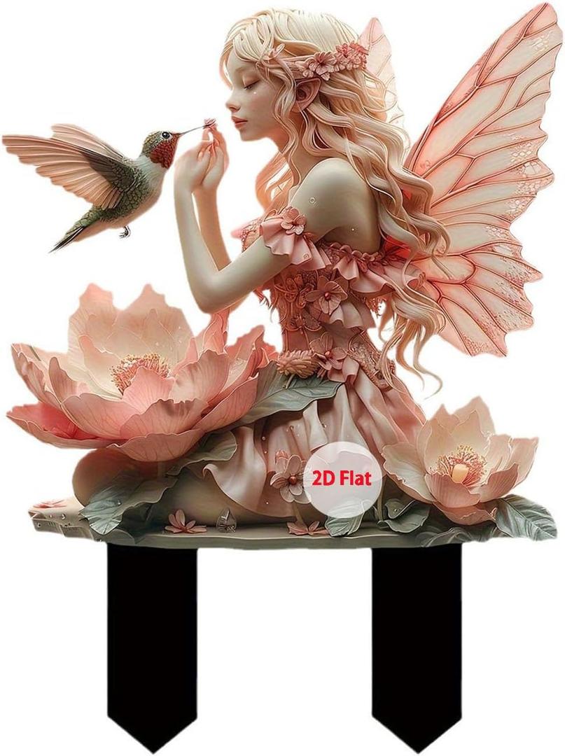 Fairy Garden Stake Decor, 2D Flat Acrylic Fairy Garden Decor Panel, Elf Yard Sign for Outdoor Indoor Yard Lawn Plants Pots, Fairy Yard Accessories (Fairy and Hummingbird)