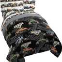 Jay Franco Monster Jam Tracks 5 Piece Full Bed Set - Includes Comforter & Sheet Set - Bedding Features Grave Digger &,Megalodon - Super Soft Fade Resistant Microfiber (Official Monster Jam Product)