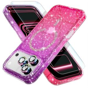 Choiche Magnetic for iPhone 17 Pro Case Women Phone Case, Compatible with Mag-Safe, Cute Bling Sparkly, Military Grade Protection, with Diamond Camera Lens Covers, 6.3-inch, Glitter Purple/Pink