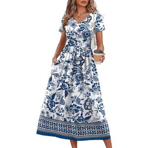 OFEEFAN Summer Dresses for Women Flowy Casual A-Line Midi Dress Beach Vacation Sundresses with Pockets, Size 2XL