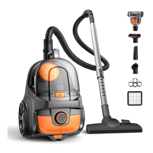 HawKam Canister Vacuum, Upgraded 1600W Bagless Canister Vacuum Cleaner, Auto Cord Rewind, H13 HEPA Filter, 4Qt Large Capacity, 5 Tools for Hard Floors, Carpet, Pet, Upholstery, Tiles, Tangerine