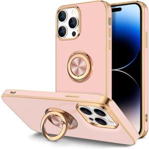 Hython for iPhone 14 Pro Max Case with Ring Stand [360 Rotatable Ring Holder Magnetic Kickstand] [Support Car Mount] Plated Gold Edge Slim Soft TPU Luxury Protective Phone Case Cover, Pink