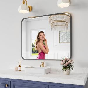 Koonmi Bathroom Mirror, 30X36 Inch Black Metal Framed Mirror for Bathroom, Tempered Glass, Anti-Rust, Rounded Rectangle Mirror for Restroom, Bedroom, Black