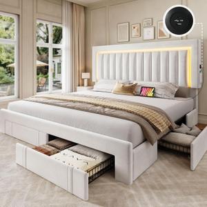 YITAHOME Queen Size Bed Frame with Adjustable Headboard, 4 Storage Drawers and RGB LED Lights, Velvet Upholstered Platform Bed with USB Ports, No Box Spring Needed, Fast Assembly, Noise-Free, White