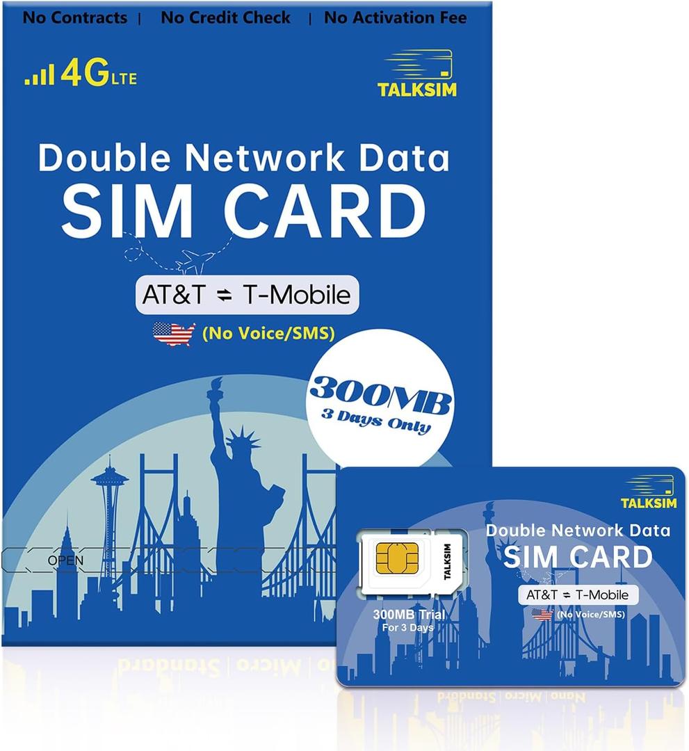3 x Prepaid 5G/4G LTE Data SIM Card Support AT&T, T-Mobile Network, USA Data Only SIM Card for Unlocked Security Cameras/Smart Phone/Tablet/Mobile WiFi Hotspot/Smart Watch, No Contract