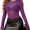 Avidlove Women Mesh Tops Rhinestone Tops Long Bell Sleeve Blouses Glitter Shirts Sexy Clubwear Outfits S-XXL (Large, Purple)