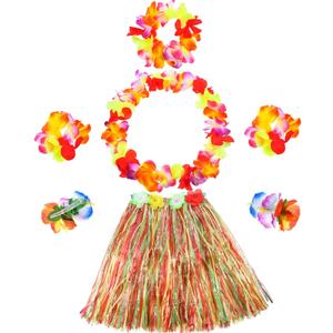 Gejoy 7 Pcs Hawaiian Luau Hula Grass Skirt with Flower Costume Set Flower Bracelet Headband Necklace Hibiscus Hair Clip Women (Red Yellow Green)