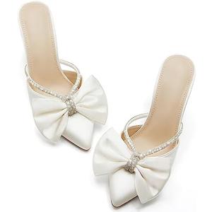 Coutgo Womens Bow Heels Mules Pointed Closed Toe Sandals Rhinestone Satin Backless Wedding Shoes Size 10
