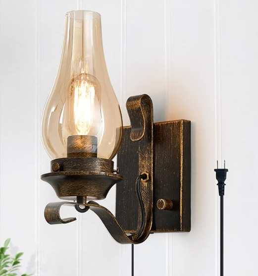 Yisuro Plug in Wall Sconce,Oil Rubbed Bronze Wall Sconces,Retro Rustic Wall Lamps,Sconces Wall Lighting with Amber Glass,Indoor Vintage Bedside Wall Lighting for Living Room Bathroom