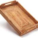Rattan Serving Tray with Handles, Rectangular Wicker Basket Tray, Hand Woven Flat Basket for Coffee Table Dinning Room Bathroom (17 x 11.4 x 1.8 inch)