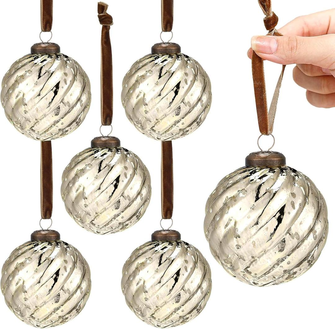 Threan 6 Pcs Large Vintage Mercury Glass Christmas Ornaments 3.15" Hanging Christmas Ball Ornaments Antique Embossed Ball Decorations for Xmas Tree Garland Wreath Holiday Decor (Champagne Gold,Twist)