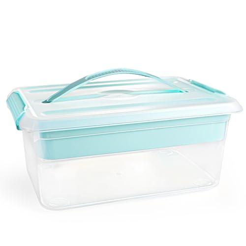 Yesland Stack & Carry Box with Removable Tray, 16 x 11 x 6.5 Inch Plastic Art Supply Storage Organizer Craft Storage Containers with Handle, Portable Organizer Bin for Stationery Sewing Jewelry, Blue