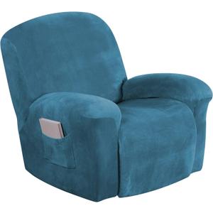 Turquoize Velvet Recliner Covers with Pocket Recliner Chair Cover Stretch Recliner Slipcovers 1 Piece Velvet Recliner Furniture Cover/Protector for Recliner with Elastic Bottom(Recliner, Peacock Blue)