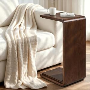 Solid Wood C Shaped Sofa Side Table, Small End Table for Couch, Modern Simple Narrow Table for Small Spaces, Mini Coffee Table for Living Room, Bedroom, Bedside (Walnut)