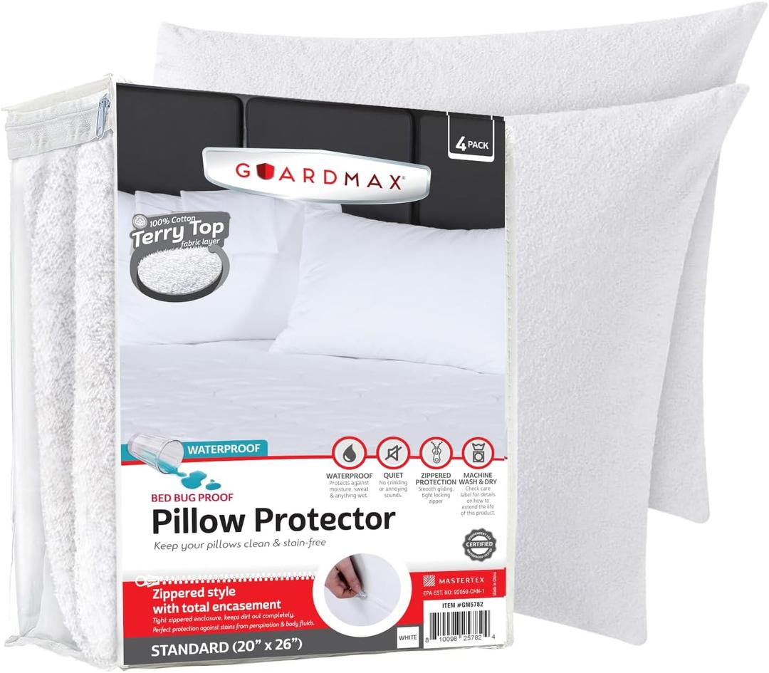 Guardmax Terry Cotton Pillow Protector with Zipper Standard Size - 4 Pack -100% Waterproof, Bed Bug Proof, Dust Mite Proof, & Hypoallergenic Pillow Covers - Premium Zippered Pillow Cases. (20 X 26)