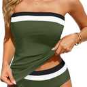 Daci Bandeau Tankini Swimsuits for Women - Two Piece Ruched Tummy Control Bathing Suit Strapless Swimwear with Bottom (Green, S)