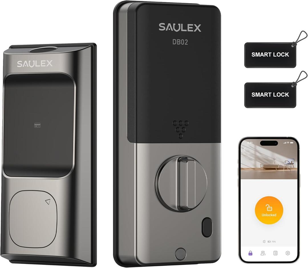 Saulex DB02 Smart Lock, Built-in Wi-Fi,5-in-1 Keyless Entry Front Door Lock, Keypad Deadbolts with App Control, Easy Installation,Auto-Unlock. (Gunmetal gray)