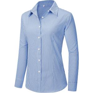 siliteelon Striped Button Down Shirts for Women Dress Shirts Long Sleeve Collared Casual Office Work Blouses Tops (Blue, S)