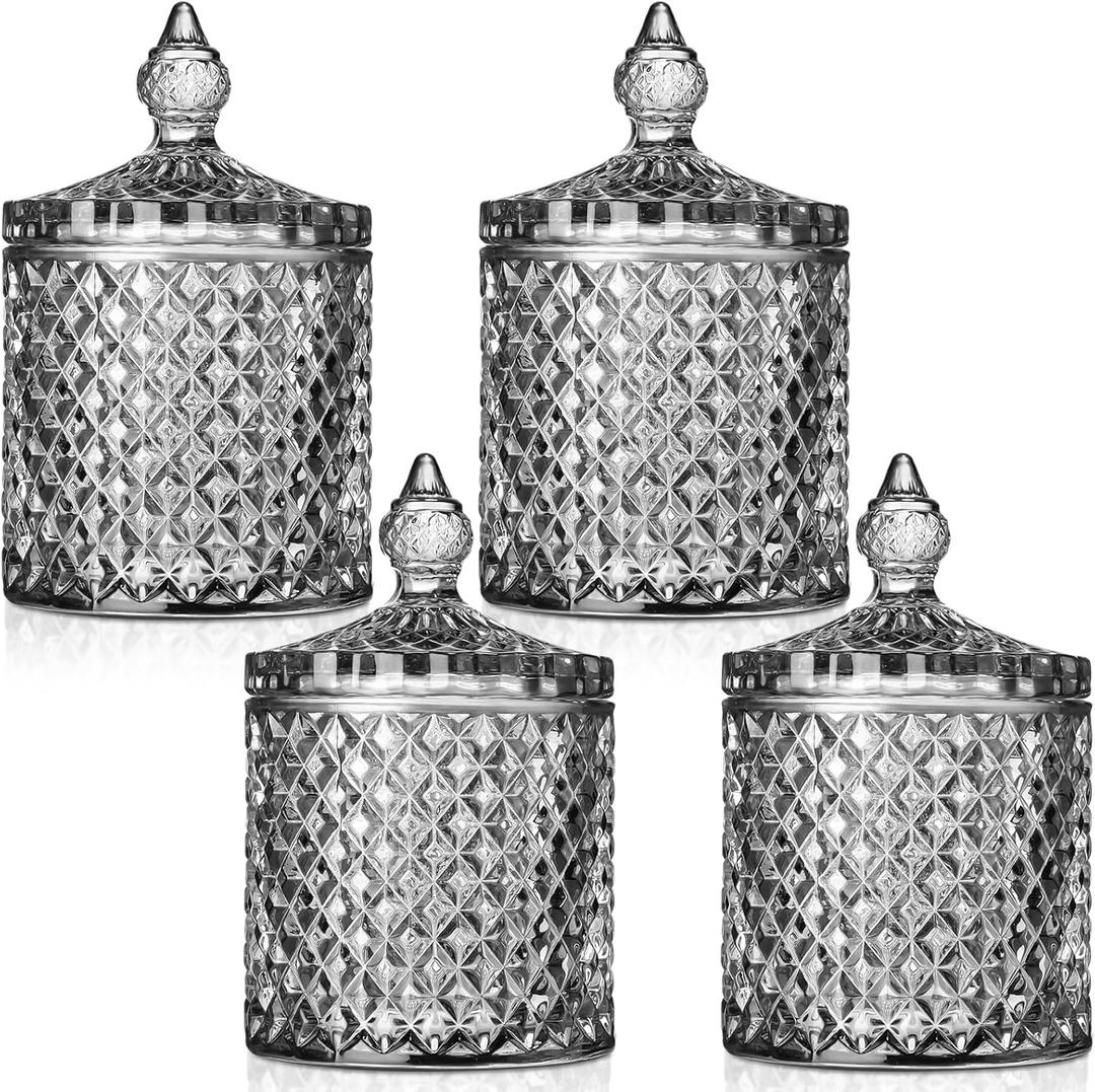 Aoriher 4 Pcs Crystal Glass Candy Jar Set with Lids Home Decorative Storage Jars for Apothecary, Bathroom, Kitchen, and Pantry, Ideal for Cotton Swabs and Jewelry(Medium,Gray)