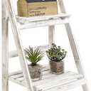 MyGift 2 Tier Whitewashed Wood Plant Stand, Foldable Display Shelf, Medium