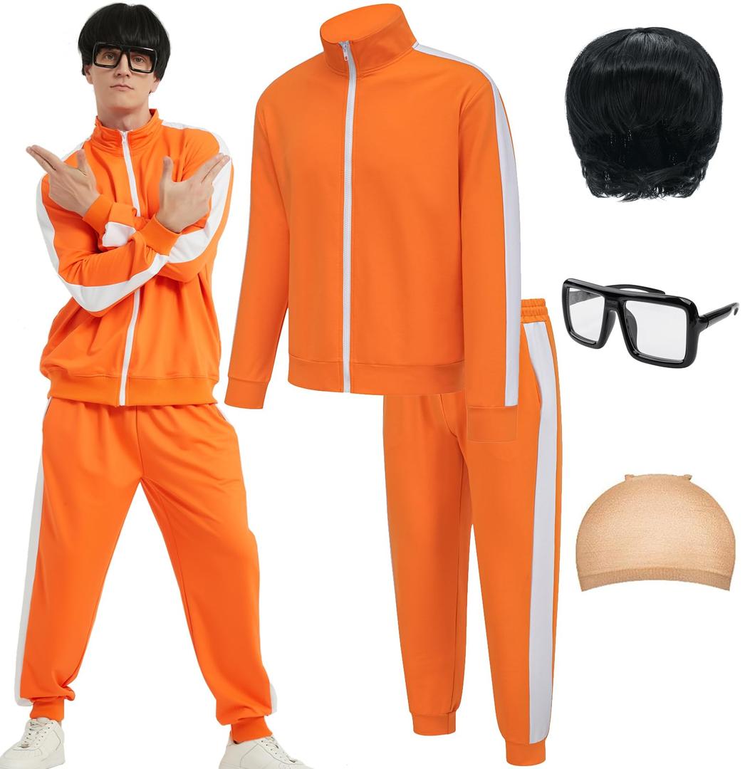 EFORLED Adult Halloween Costumes for Men 2025,Family Orange Zip-Up Tracksuit with Black Wig Cap & Glasses