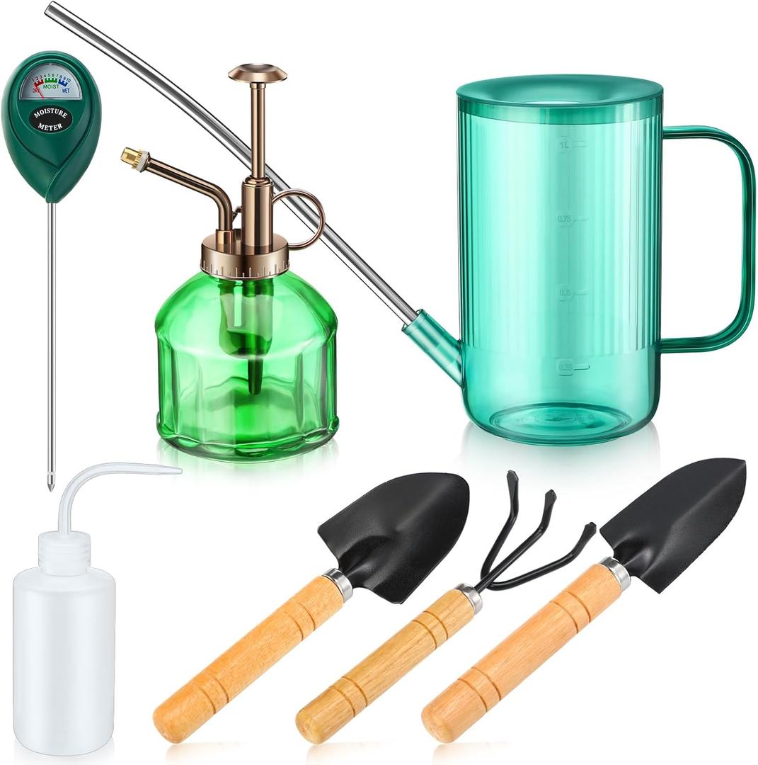 Set of 7 6.3'' Vintage Glass Plant Mister Modern 1.2l Long Spout Watering Can Squeeze Bottle Soil Moisture Meter 3 Pcs Hand Planting Tools for Indoor Outdoor Gardening Potted Flower, Green