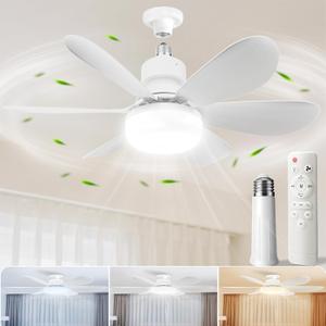 Socket Fan Light with Remote,Small Ceiling Fans with Lights,Smart Timing Dimmable 3 Colors,E26 Base Socket Ceiling Fan for Bedroom Living Garage KitchenWhite