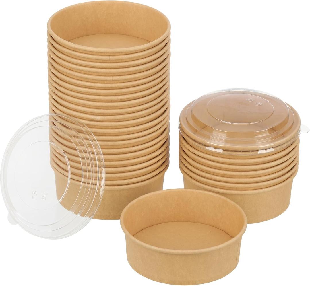 100 Pack 20 oz Disposable Bowls with Lids, Kraft Paper Salad Bowls with Lids, Paper Soup Bowls Food Container for Cold/Hot Food or Takeout