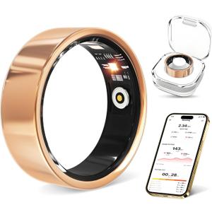 Smart Ring with Heart Rate, Blood Oxygen, Sleep Tracker, Step Tracker, IP68 Waterproof Fitness Tracker Fitness Ring for Women Men, Compatible with iOS & Android (Gold, 10#)