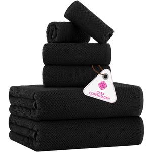 CASA COPENHAGEN Popcorn Textured 6 Pieces Towel Set- Black, 550 GSM 2 Bath Towel 2 Hand Towel 2 Washcloth, Rough & Tough Use Cotton Towels Gift Set for Bathroom