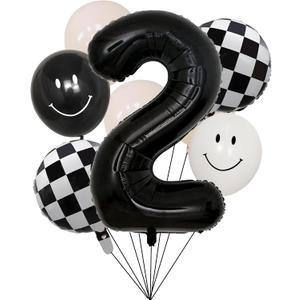 100% LIKED Two Cool Balloon Set, 40 Black Two|Black & White Smiley Face Latex |Checkered Foil for 2 Cool Birthday Decorations, Smiley Face Party Deco, Baby Shower,2nd Birthday Party Supplies