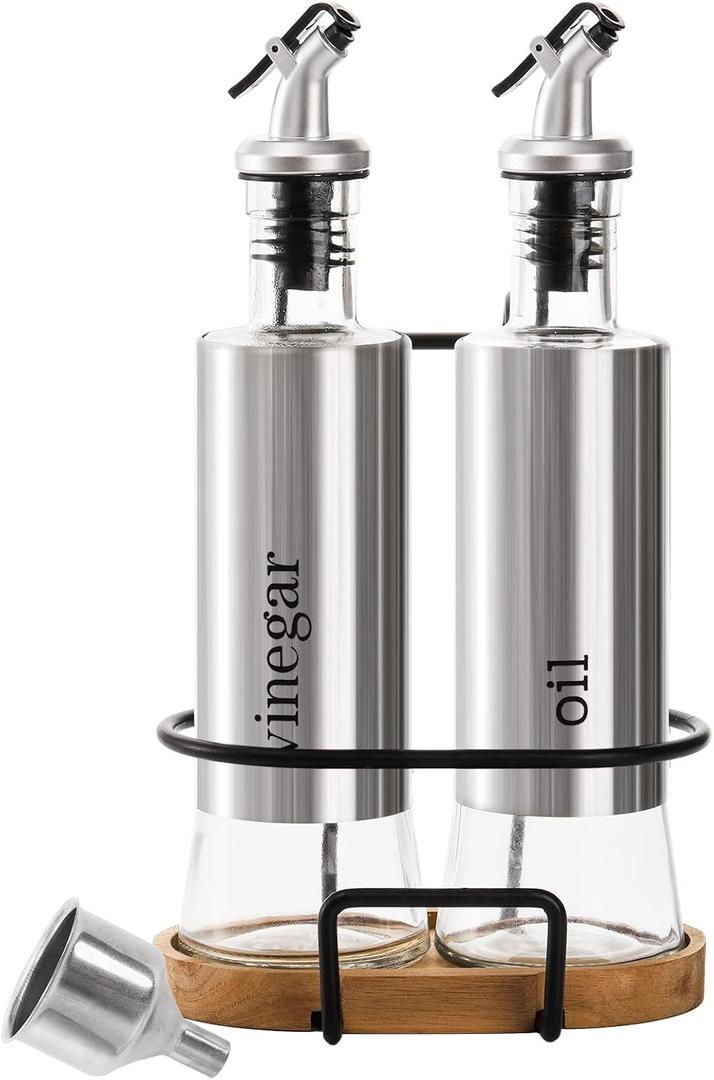 Tebery 2 Pack Olive Oil and Vinegar Bottle Set with Rack and Wooden Base, 10OZ Olive Dispenser Glass Cooking Oil Cruet Bottles with Pourers and Funnel for Kitchen