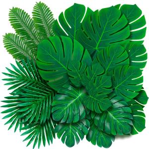 Decopom Artificial Palm Leaves 60-108 Pack - 6 Kinds Large Small Green Fake Palm Leaf with Stems for Safari Jungle Hawaiian Luau Party Table Decoration Wedding Birthday