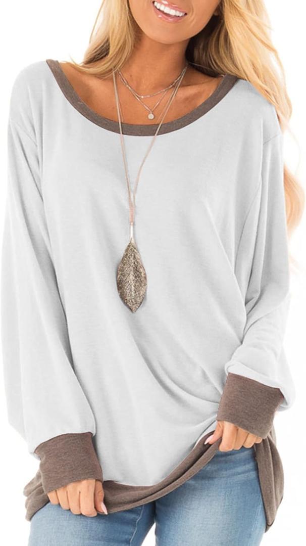Fallorchid Womens Long Sleeve Tops Crew Neck Tunics Clothes Casual Color Block Sweatshirt (Large, White)