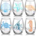 6 Pcs Ocean Stemless Wine Glasses Sea Beach Turtle Starfish Sea Conch Seashore Glassware Bottle Glass Cute No Stem Drinking Glassware for Women Men Christmas Birthday Wine Lovers Gifts