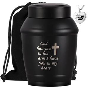 ANTESCORT 5.8 Inches Cremation Urns for Human Ashes Adult Male or Female, Black Cross Stainless Steel Decorative Urns for Adult Ashes for Women, Funeral Memorial Urns with Ashes Necklace