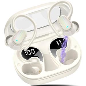 Wireless Earbuds, Headphones Sport Bluetooth 5.4, Over Ear Buds with ENC Noise Canceling Mic, Deep Bass Stereo Earphones with Hook, 50H, LED Display, IP7 Ear Buds for Workout Running, Off-White(2026)