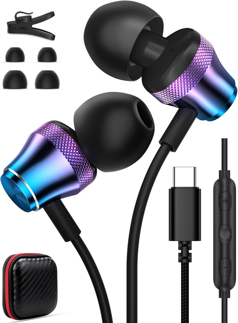 USB C Headphone for iPad A16 11 10,Type C Wired Earbuds for Samsung A17 S25 FE S26 Ultra S24 S23 Pixel 10a 9 9a,Noise Canceling HiFi Stereo Earphone in-Ear Headset for iPhone 17 Pro Max 16e 16 15 17e (Purple Blue)