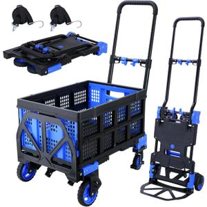 2 in 1 Hand Truck Dolly Foldable with Basket,Hand Truck Foldable with Retractable Handle,330LBS Capacity Folding Hand Cart,Portable Dolly Cart with Wheels for Moving