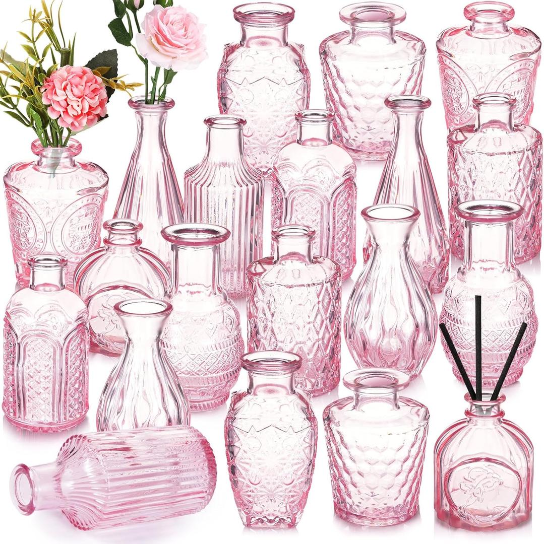 Inbagi Glass Vase Set, 20 Pcs Vintage Flower Vases in Bulk, Different Shapes and Sizes, Pink, for Decorative Centerpieces, Rustic Home Christmas Decoration (Gradient Pink)