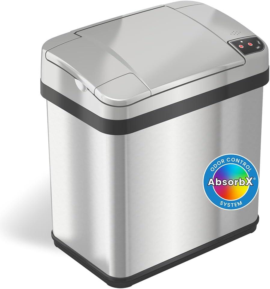 iTouchless 10 Liter / 2.5 Gal Sensor Bathroom Trash Can with Lid and AbsorbX Deodorizer, Stainless Steel Small Waste Basket, Includes Air Freshener Fragrance Pack, Home Office Bedroom Livingroom