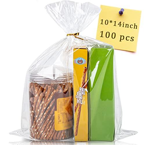 CUDICY 100pcs Cellophane Bags 10x14 Cellophane Wrap Goodie Bags Large Clear Gift Bag Party Favors Bag Clear Treat Bag with Ties Plastic Gift Wraps Packaging Wraps for Cookie Candy (No Gusset)