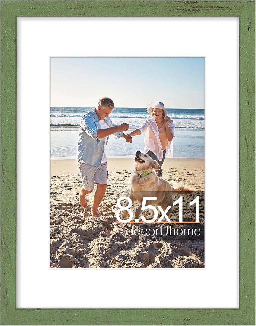 decorUhome 8.5 by 11 Picture Frame, Display Pictures 6x8 with Mat or 8.5x11 without Mat, Wall & Tabletop Display Certificate Frame, Rustic Green, 1 Pack