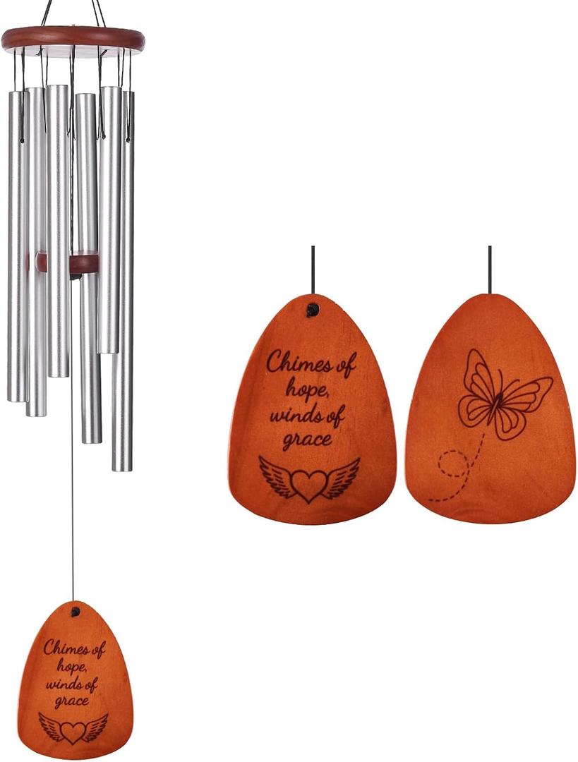 Inspirational Wind Chimes for Outside Deep Tone Chimes with Wooden Sail | Outdoor Hanging Decor for Patio & Garden | Unique Designs, Healing Gift of Peace & Comfort (Silver, 32 Inch)