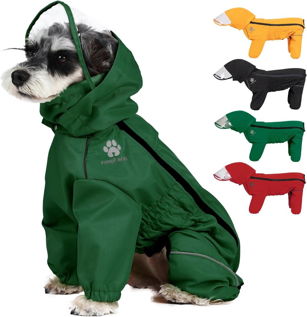 PINA Waterproof Dog Jacket with Hood, Lightweight with Leash Hole, Dog Poncho with Reflective Strap - Full Wrap protect (Green)