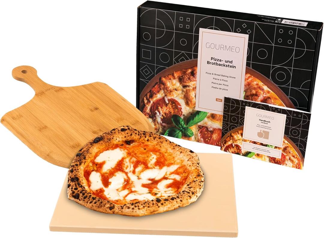 Pizza Stone Pan and Wooden Pizza Paddle - 15x11.8x0.6 inch - Cordiete Bread Beaking Stone w/Pizza Peel - Suitable for Oven & Grill