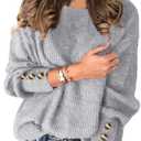 Womens Pullover Sweaters Batwing Long Sleeve Crewneck Casual Loose Knit Jumper Tops with Buttons (XX-Large, Light Grey)