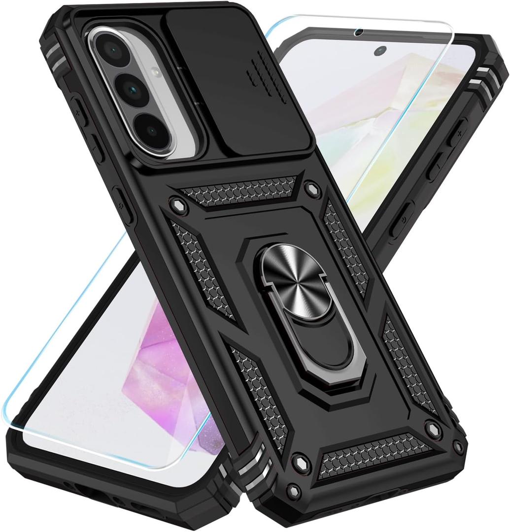 SunStory Case for Samsung Galaxy A36/A56 5G Case with HD Screen Protector & Slide Camera Cover & Rotated Ring Kickstand, [Heavy Duty Shockproof] Dual Layers Phone Case for Galaxy A36/A56, Black